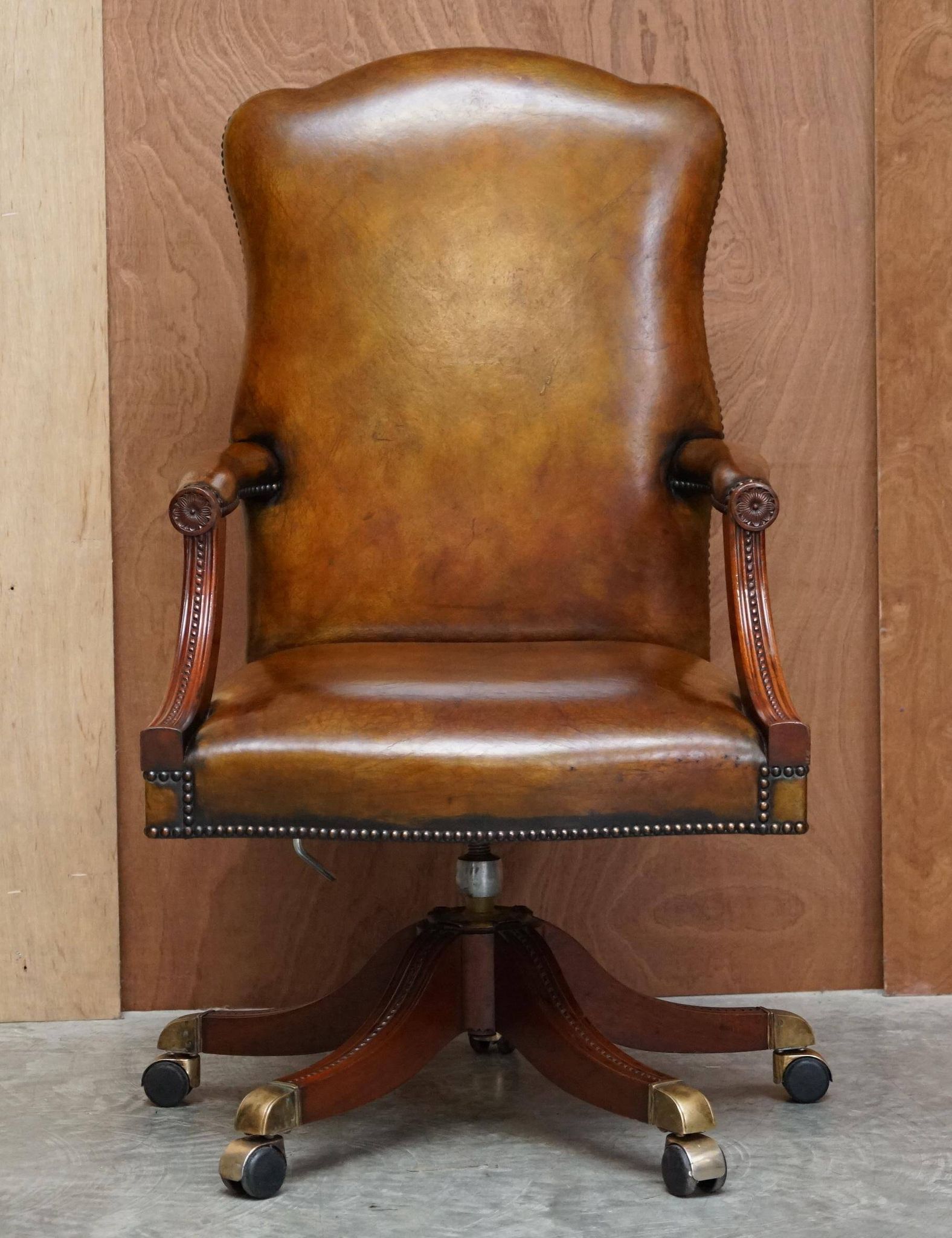 Restored vintage executive chair, leather, oak frame.