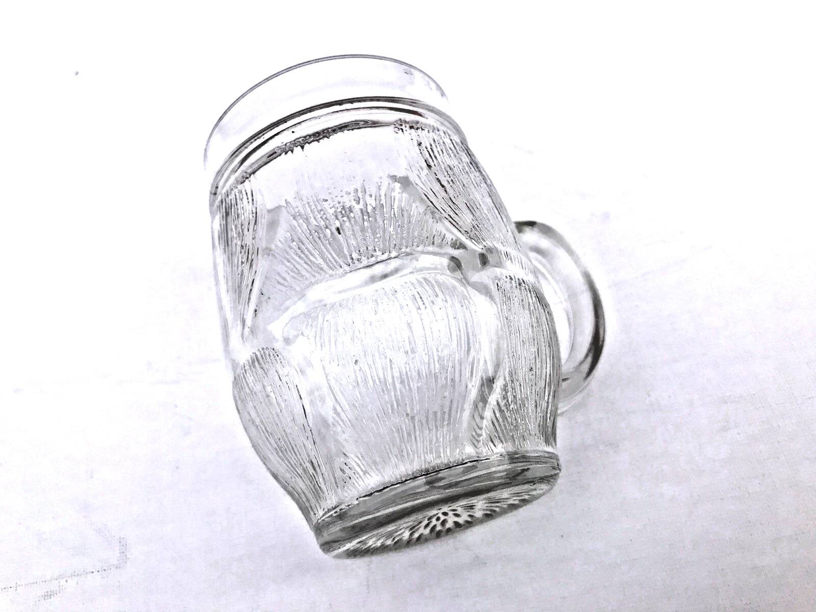 1970s 2 thick transparent glass mugs with textured bark imitation