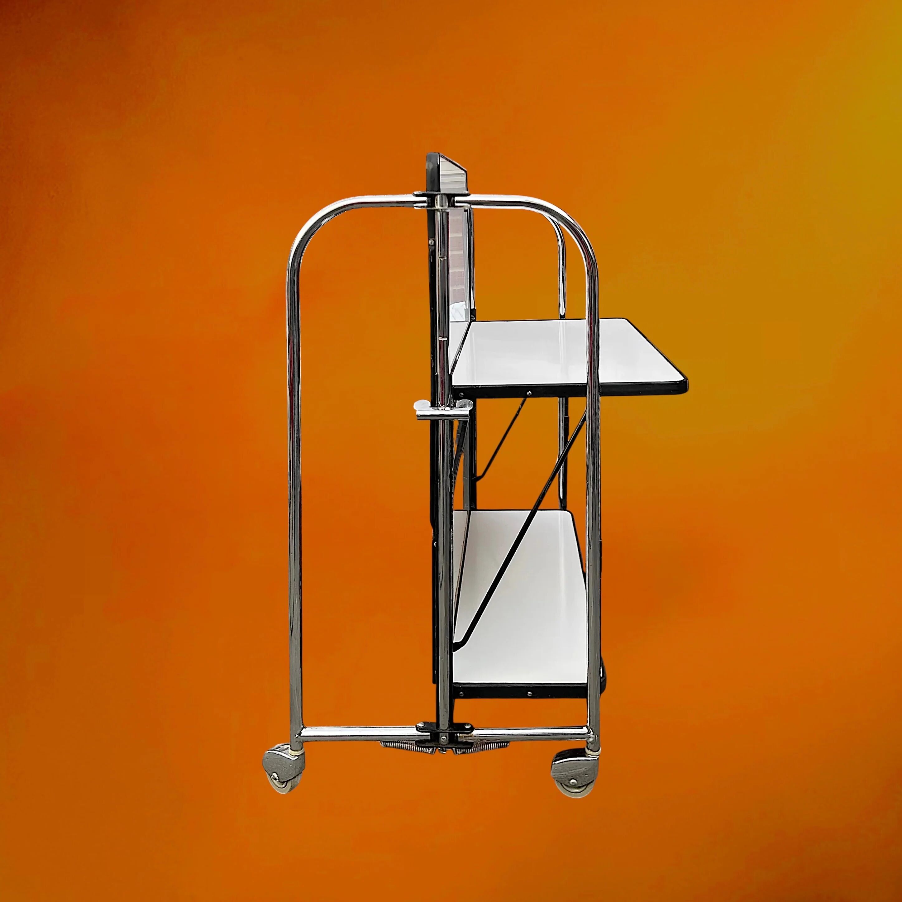 Folding rolling dessert trolley in white formica and chrome metal – 1950s-60s