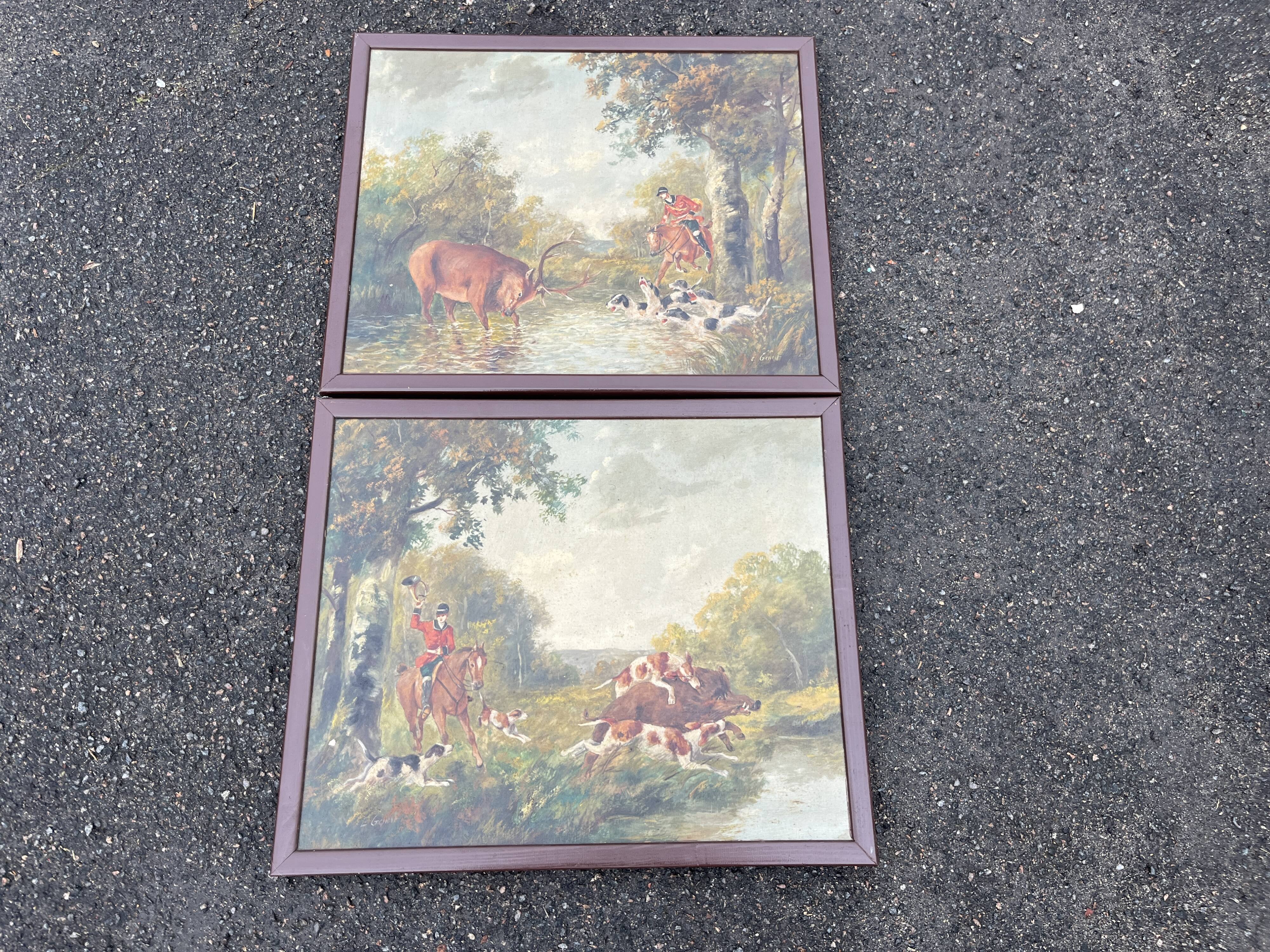 Pair of oil on canvas paintings depicting hunting scenes with deer and wild boar.
