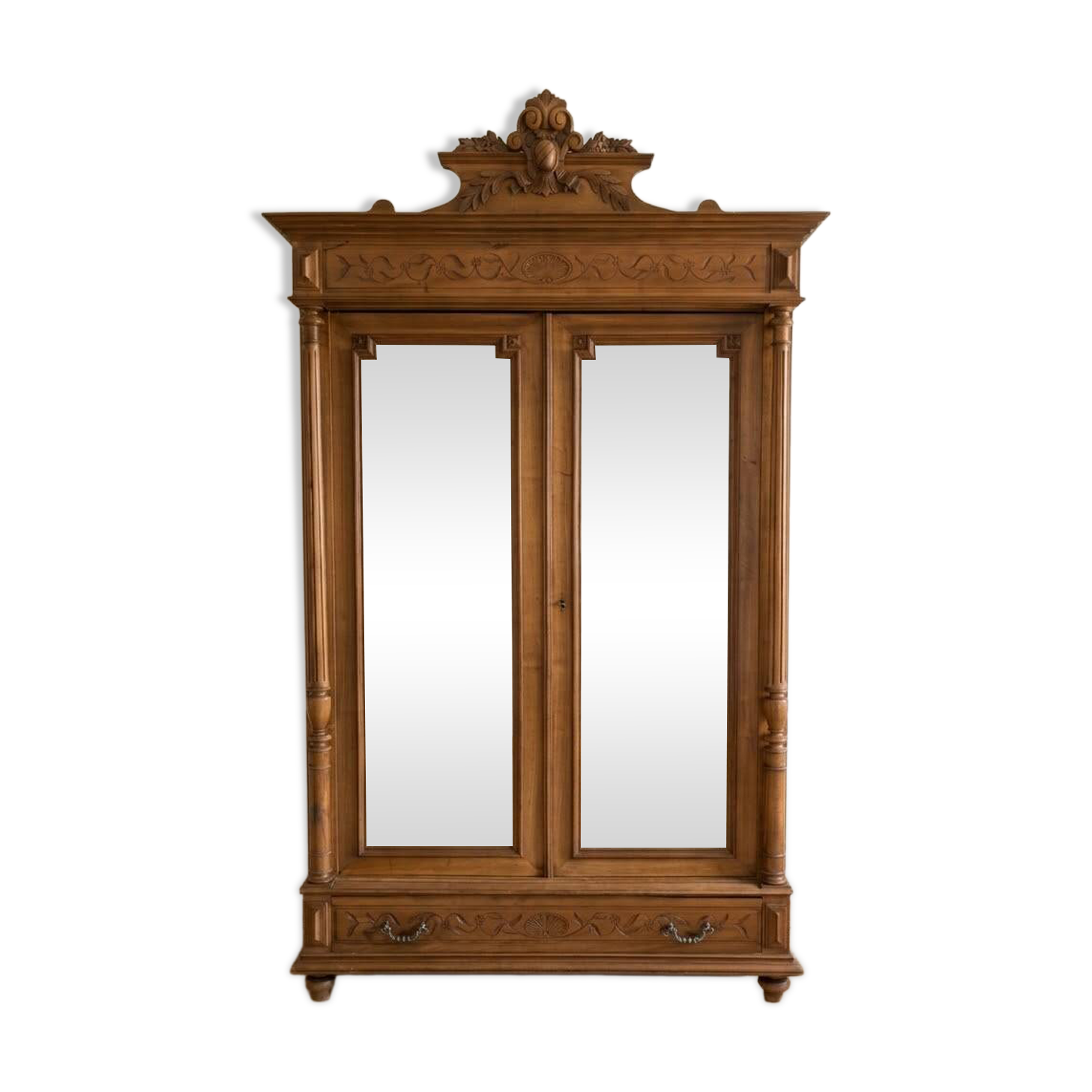 Antique wardrobe with 2 mirror doors in polished wood.