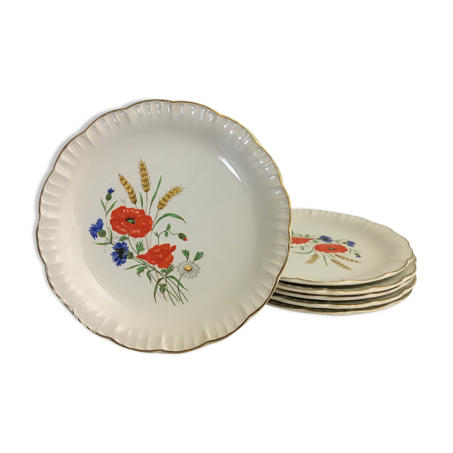 Set of 6 plates plates "digoin sarreguemines" model rapsodie, decoration poppies