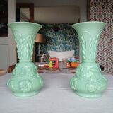 Set of 2 light green opaline glass vases SAINT LOUIS
