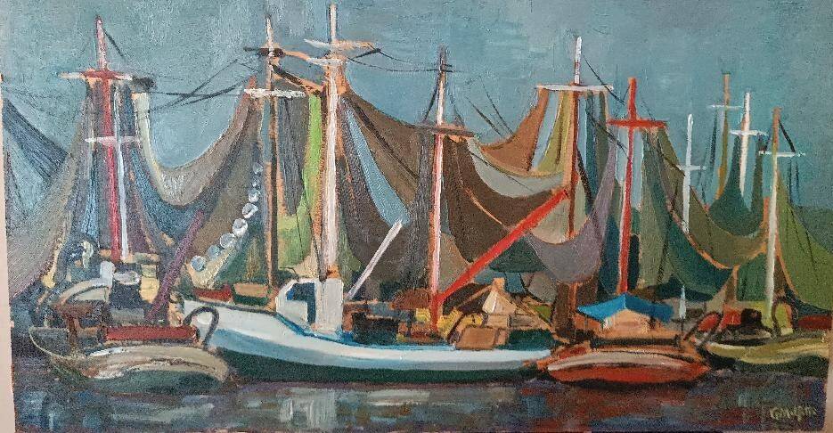 Oil painting on panel, seascape with boats - Signed, 50s/60s