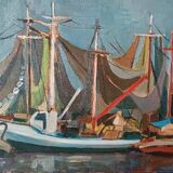 Oil painting on panel, seascape with boats - Signed, 50s/60s