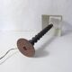 turned wooden lamp with spool base and vintage copper shade