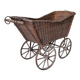 Landau vintage in wicker and brown wood, 1930s, large wheels and metal structure.