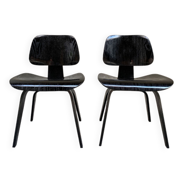Pair of DCW chairs by Charles & Ray Eames in Black for Herman Miller 1950