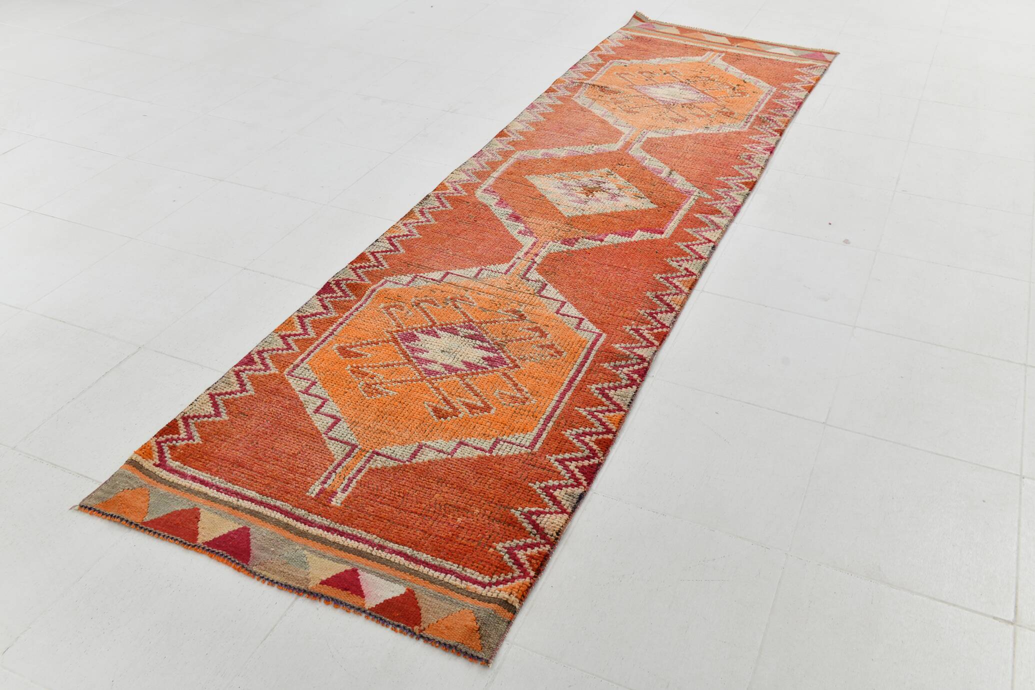 3x11 Runner Coral Red Vintage Runner Rug, Wool Corridor Rug, 94x329Cm