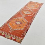 3x11 Runner Coral Red Vintage Runner Rug, Wool Corridor Rug, 94x329Cm
