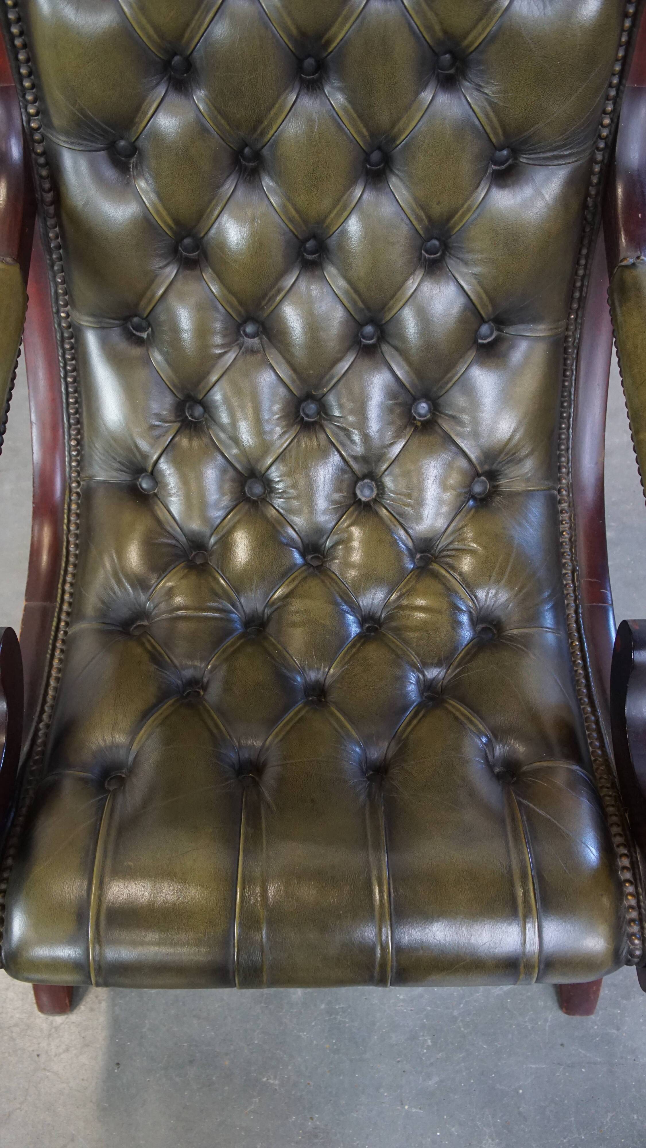 Green cow leather chesterfield armchair combined with wood