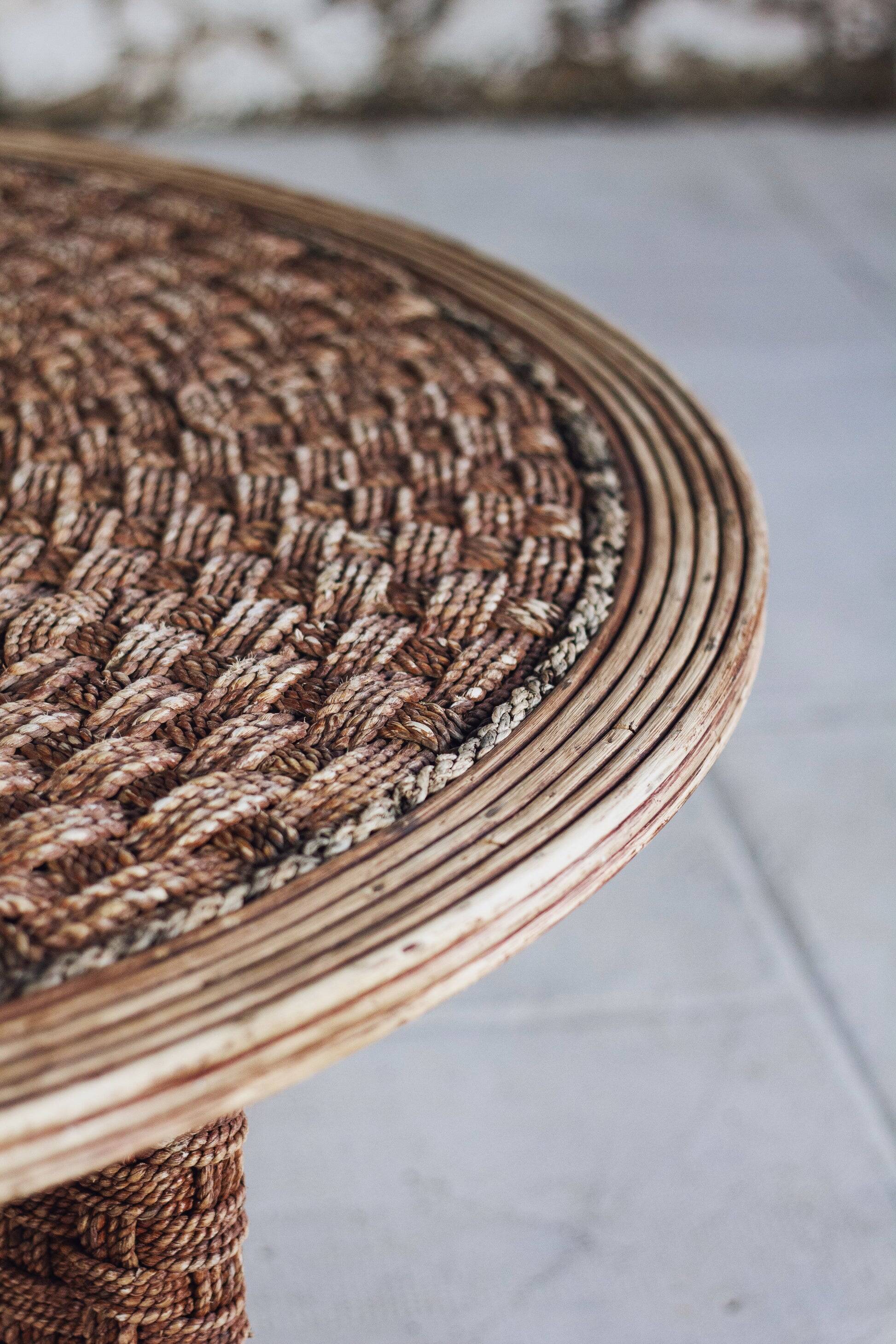 Round coffee table in braided cord and rattan, 1970.
