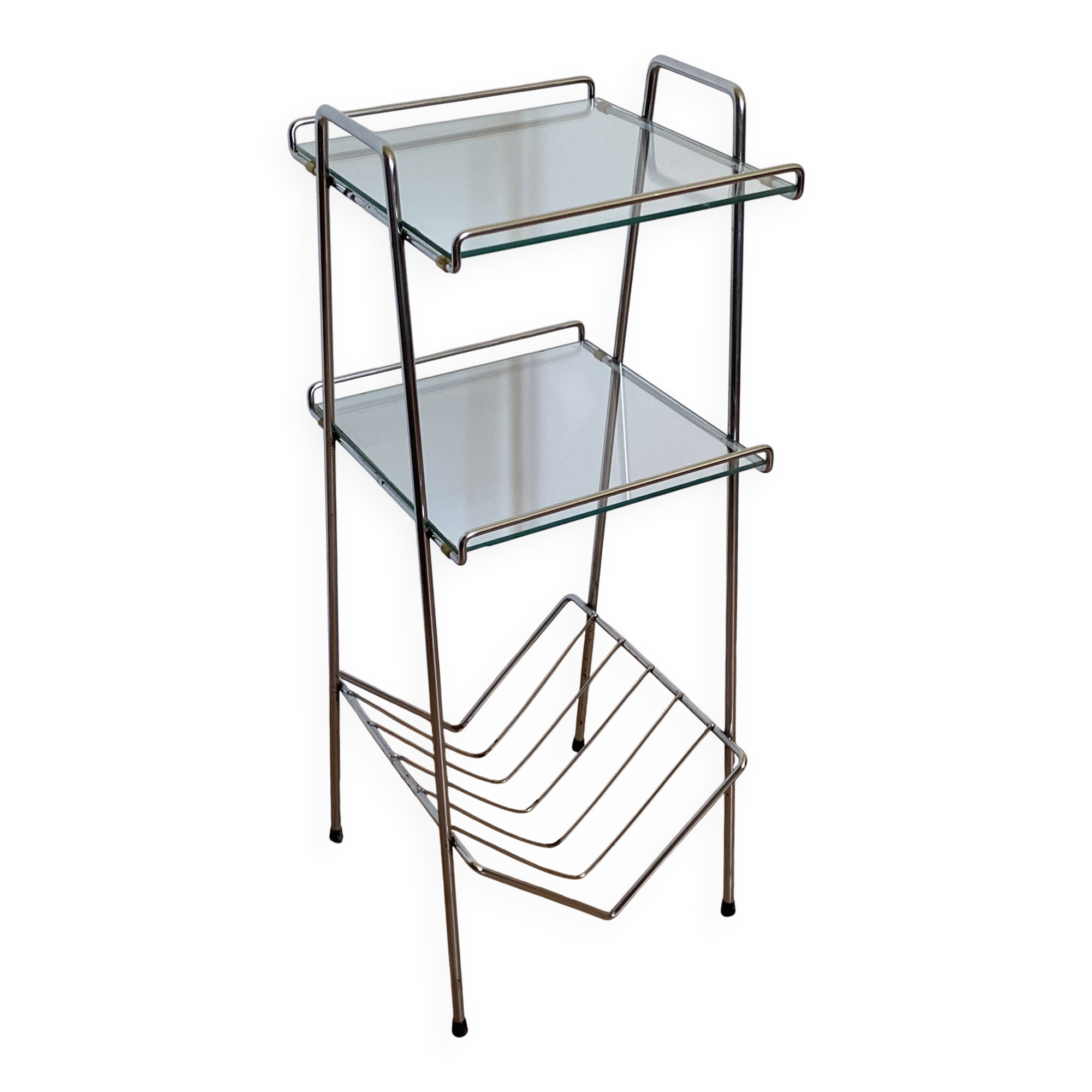 Chrome and glass side table. 1970s. Space Age.