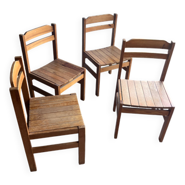 Set of four rustic solid wood dining chairs, Europe, circa 1970s.