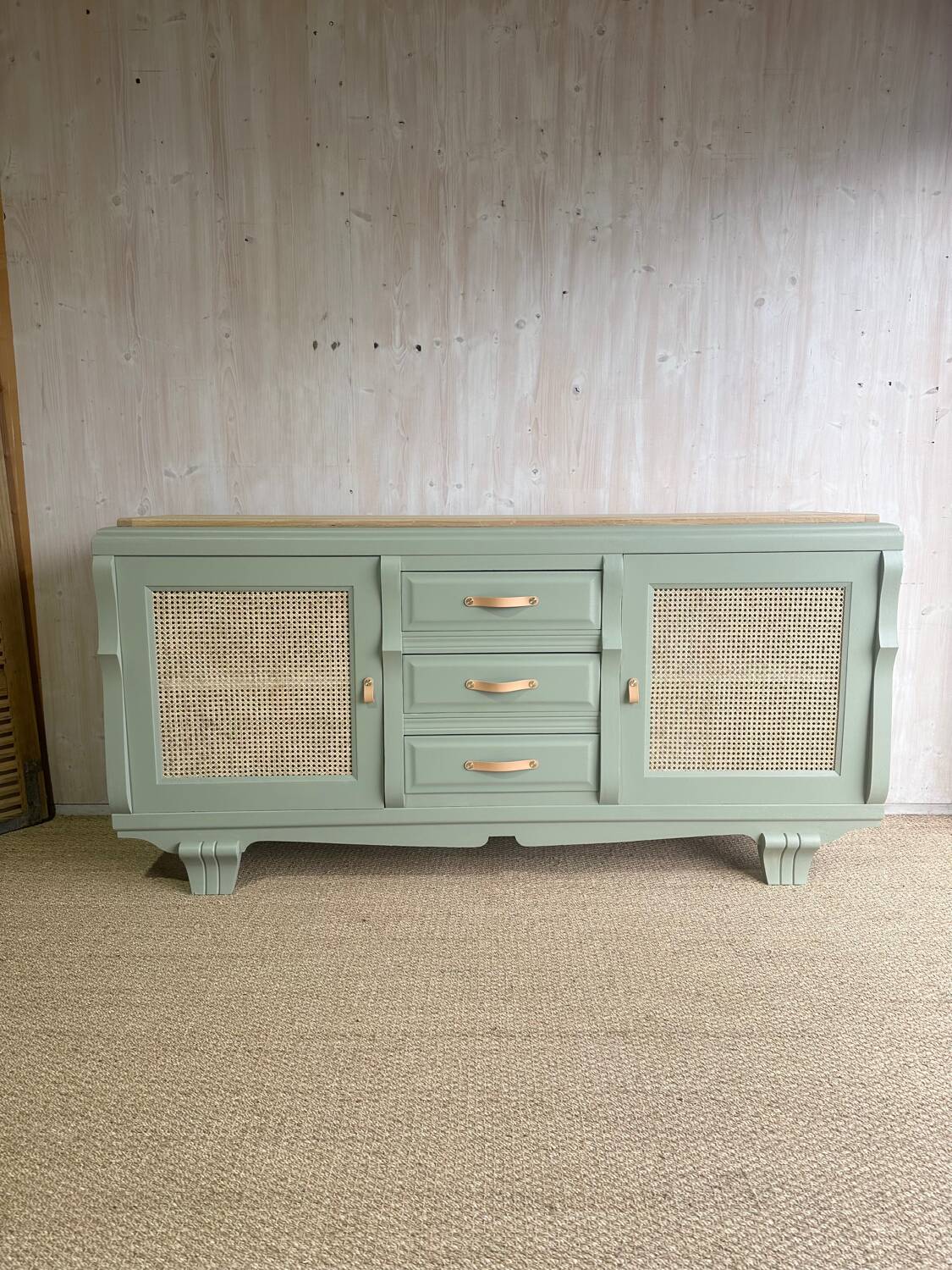 Renovated antique sideboard - blue-green, cane work and oak top