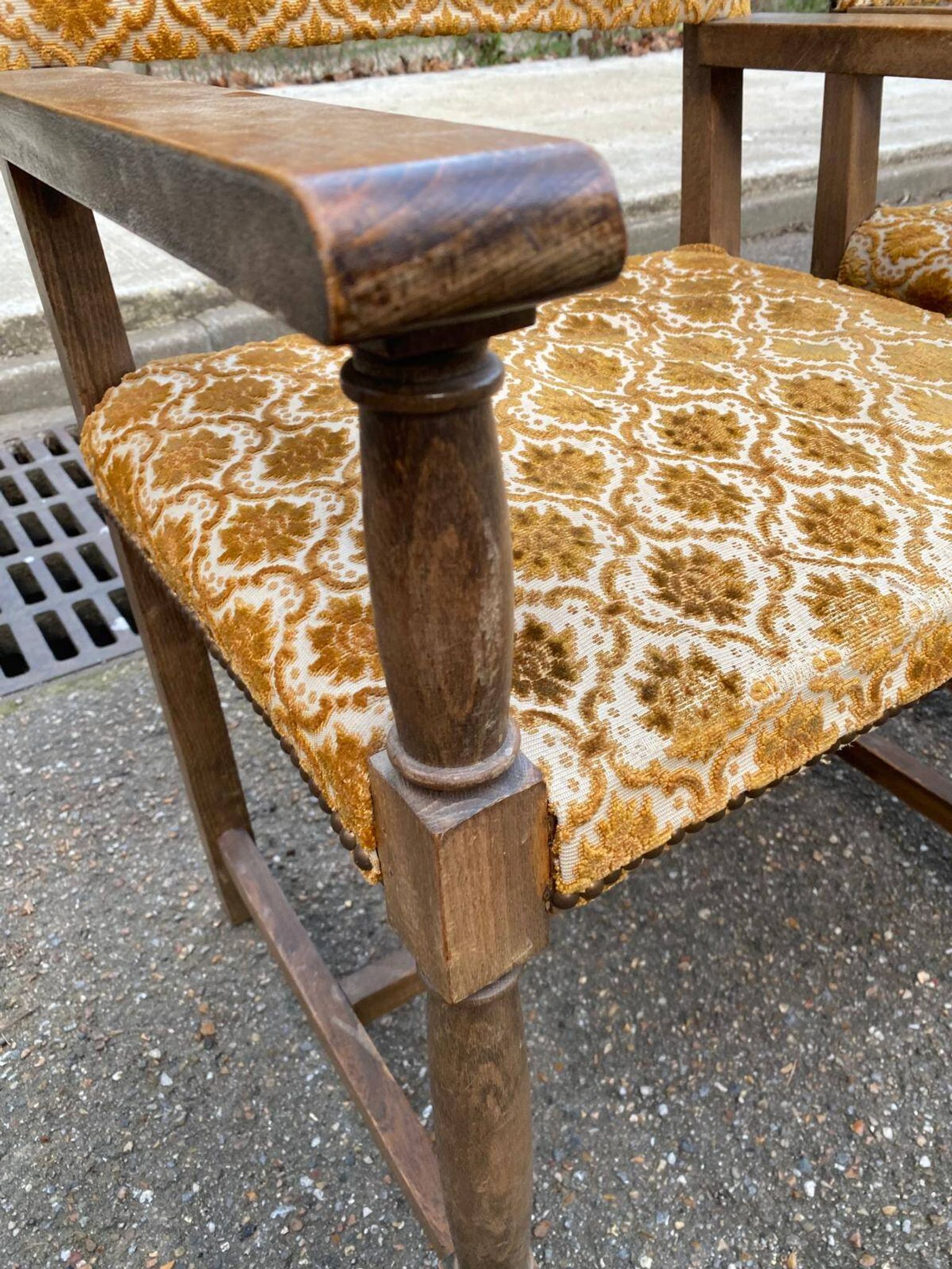 2 Henri II armchairs in solid wood and yellow-beige velvet.