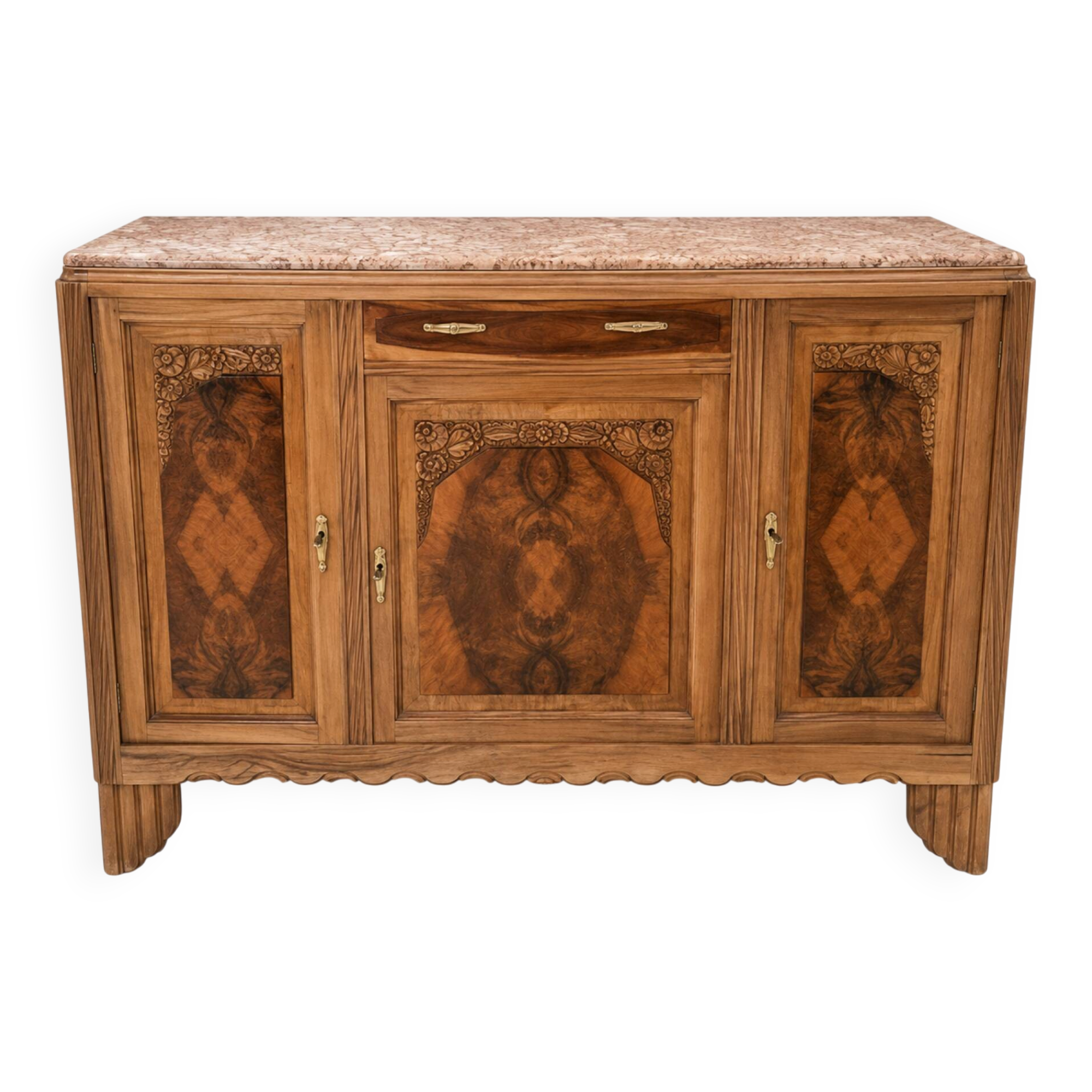 Large Art Deco buffet in walnut veneer and marble, 1930s