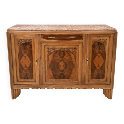 Grand buffet Art-Déco en ronce de noyer et marbre, années 1930