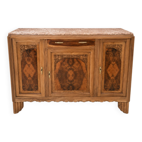 Grand buffet Art-Déco en ronce de noyer et marbre, années 1930