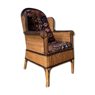 Vintage rattan wicker armchair, kelim style fabric, 1960