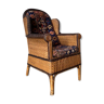 Vintage rattan wicker armchair, kelim style fabric, 1960