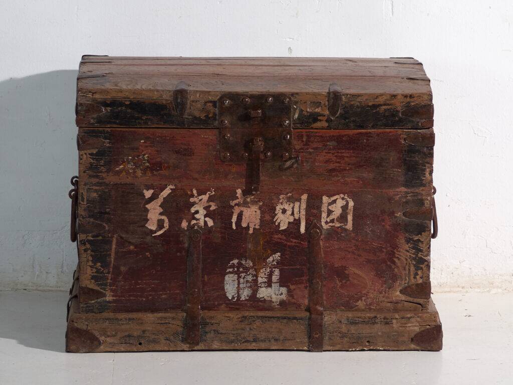 Antique iron-reinforced pine wood chest – China, circa 1900