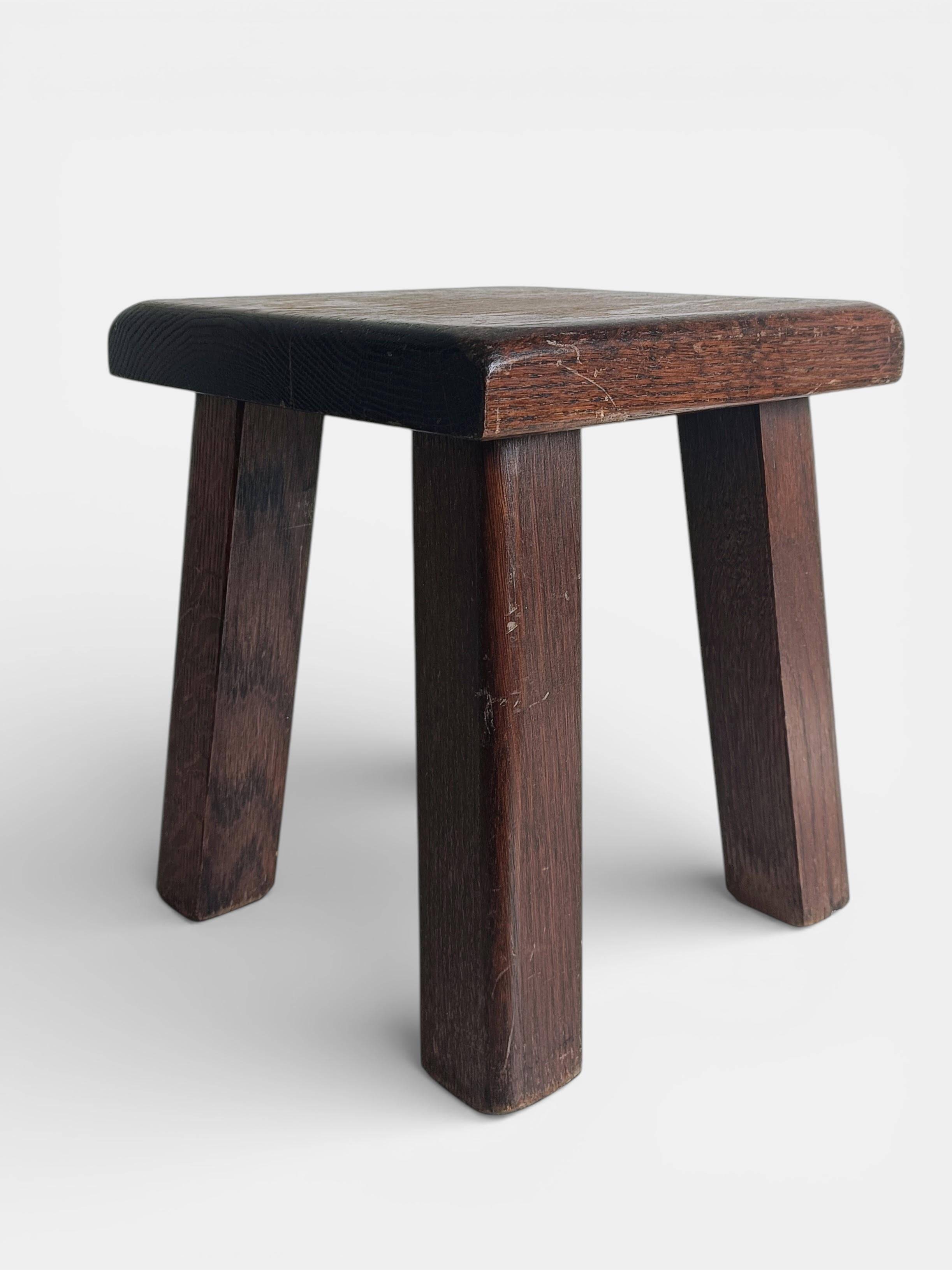 Vintage Rustic French Oak Stool in Pierre Chapo Style, Early 20th-C