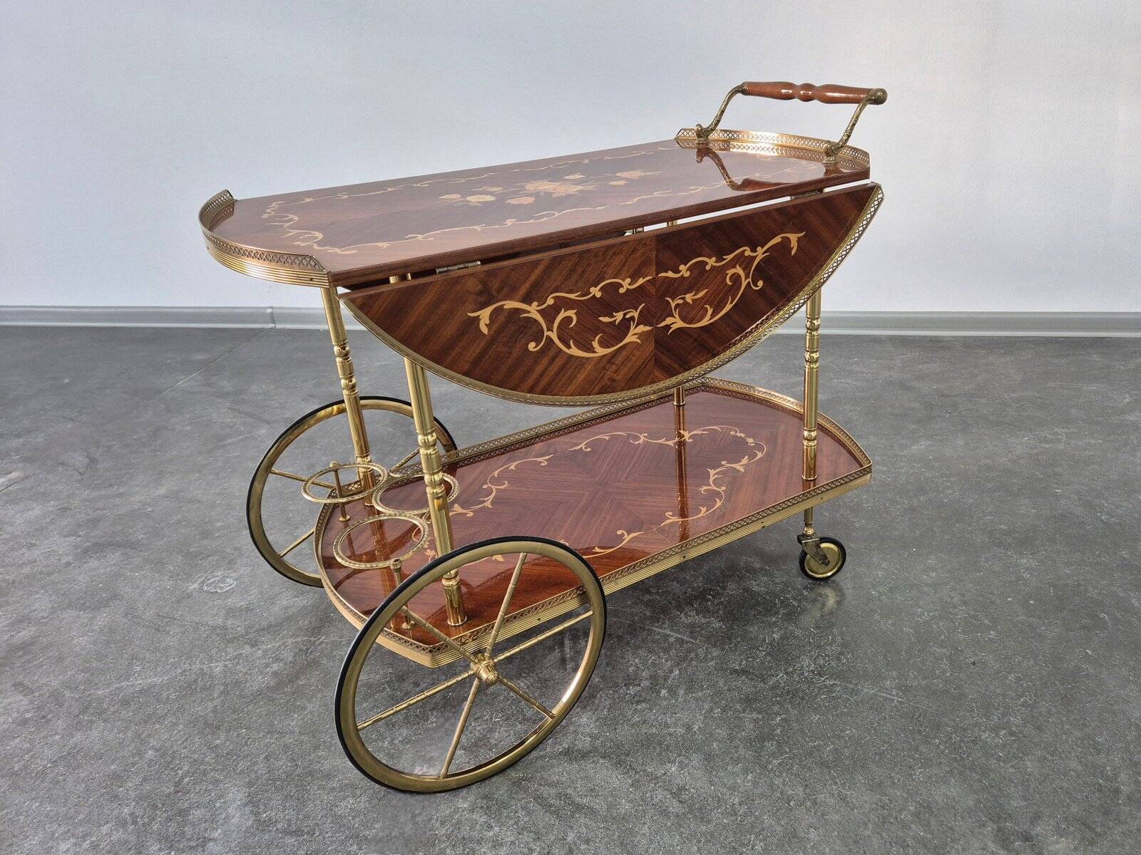 1970s drinks bar cart with side flaps in marquetry