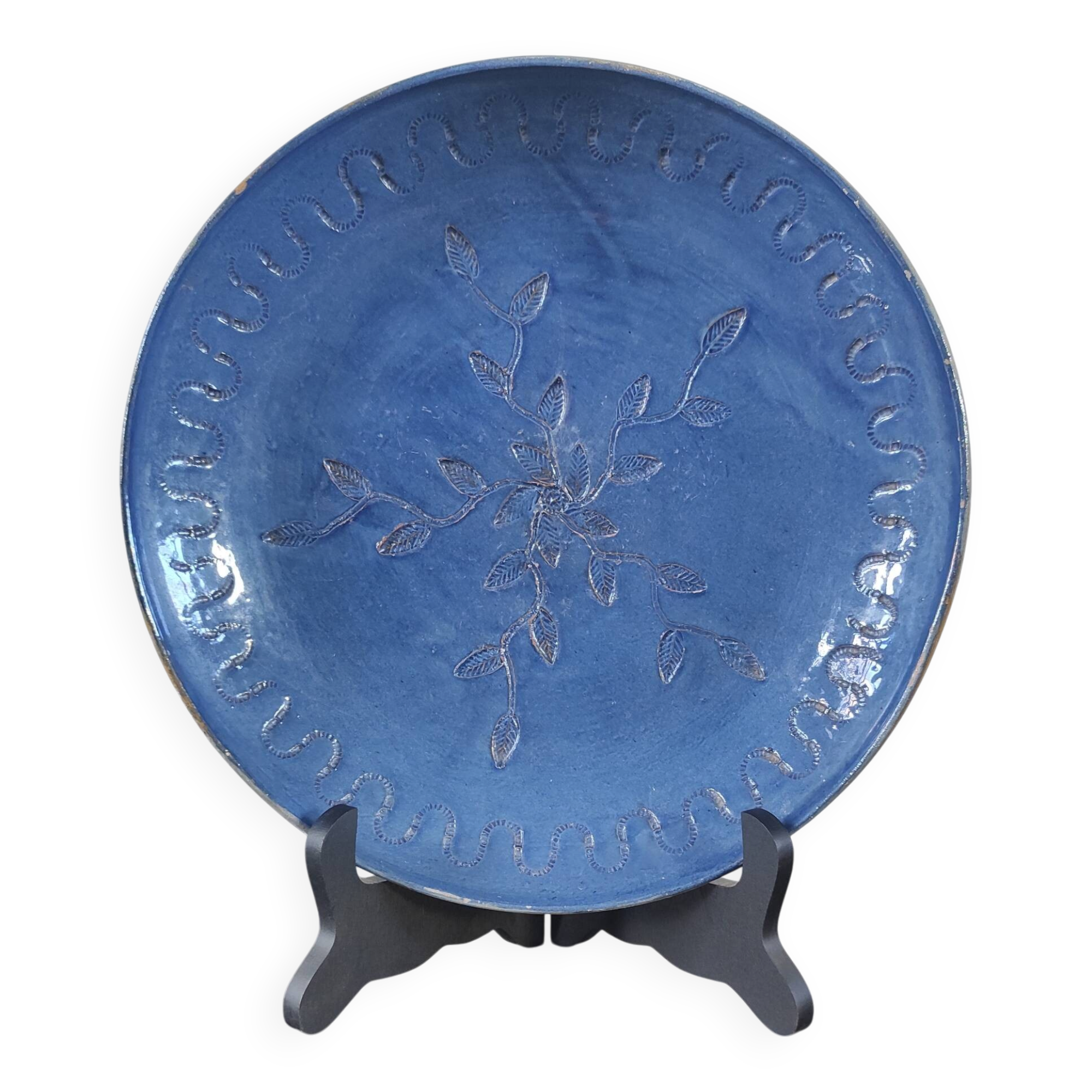 Vintage cobalt blue glazed stoneware plate
