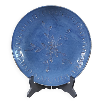 Plat vintage en grès émaillé bleu cobalt