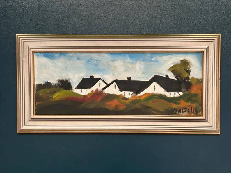 Original Swedish Oil on Panel – “Landscape with Farm” by Louis Zelig – Signed – Vintage & Framed – 78 × 39 cm (30.7" × 15.4")