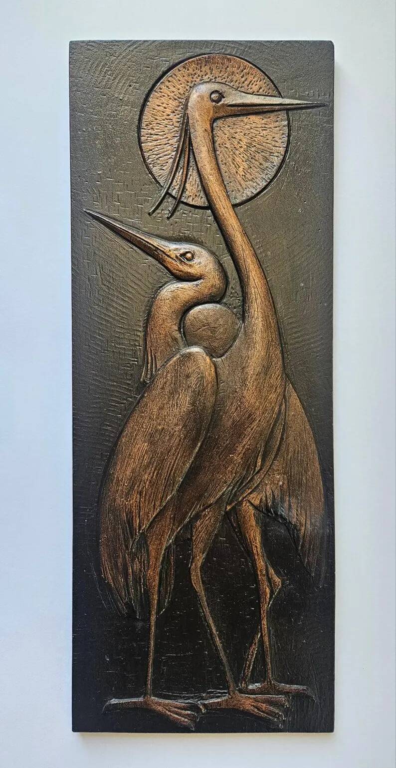 Rare Wall Wood Relief Sculpture of Herons, 1960s