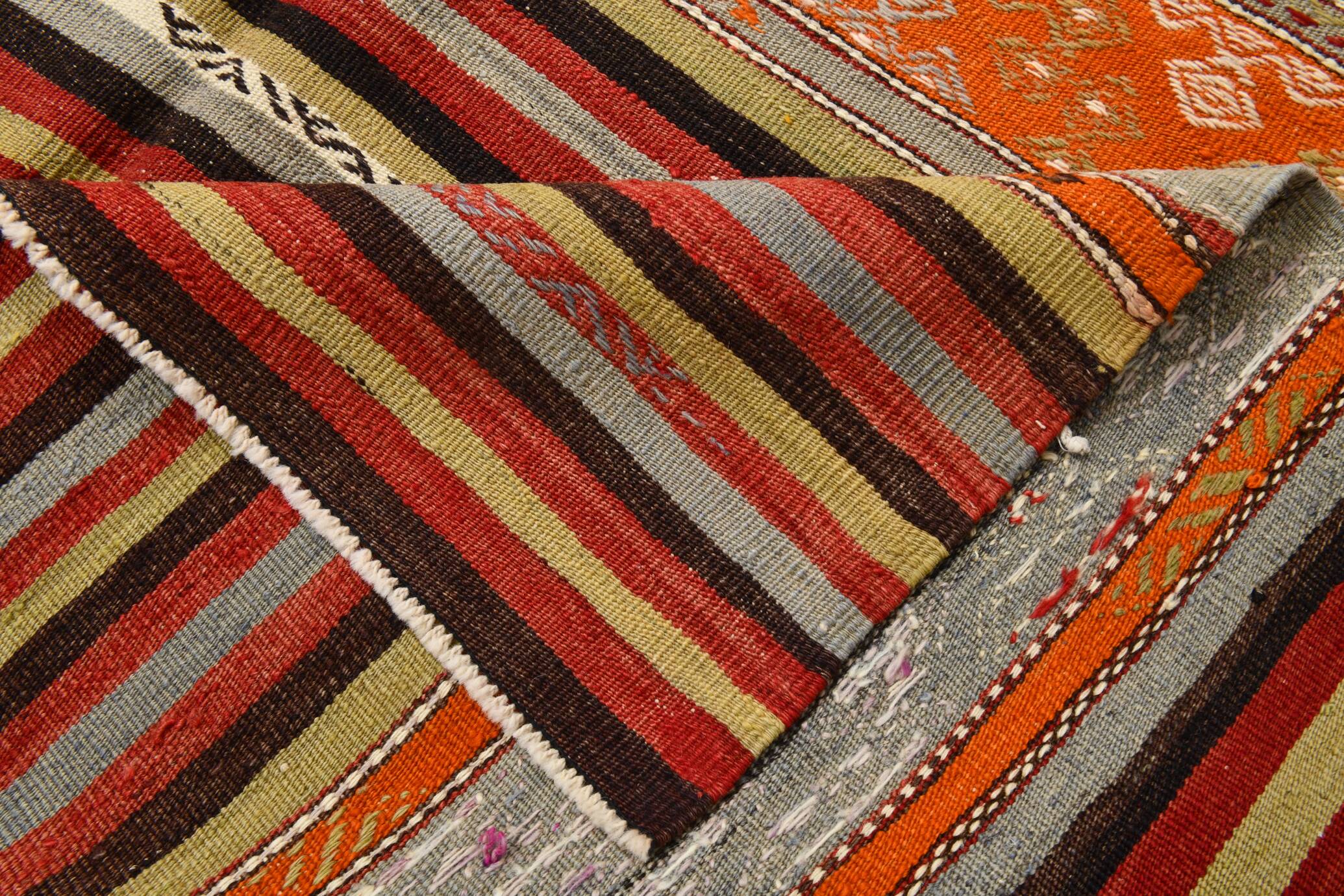 6x11 Peach Color Striped Kilim Rug, Antique Wool Kilim Rug, 165x326