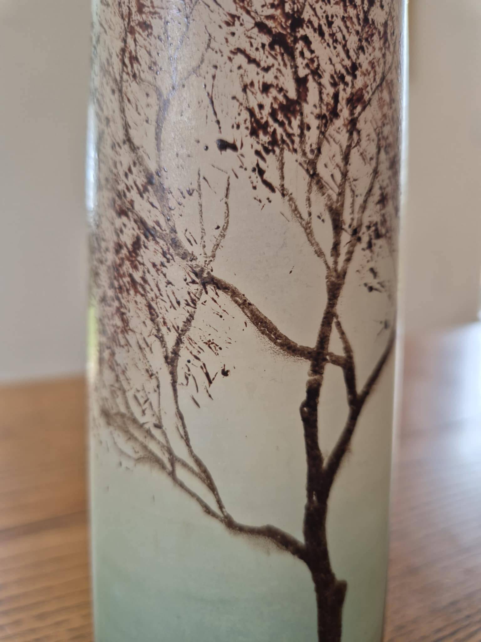 Frosted glass vase, painted Art Deco, signed.