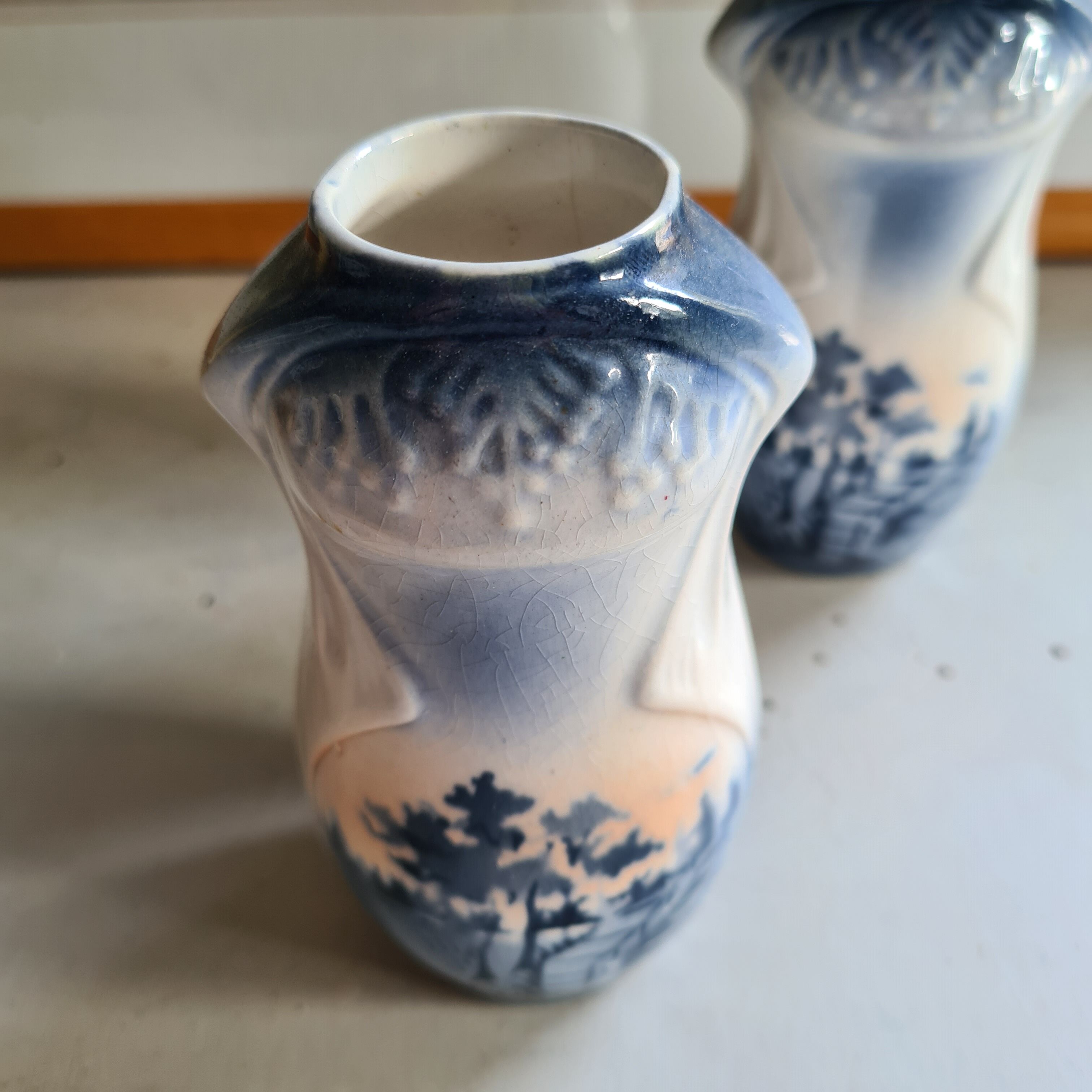 Pair of small Art Nouveau vases from Northern faience with blue decoration