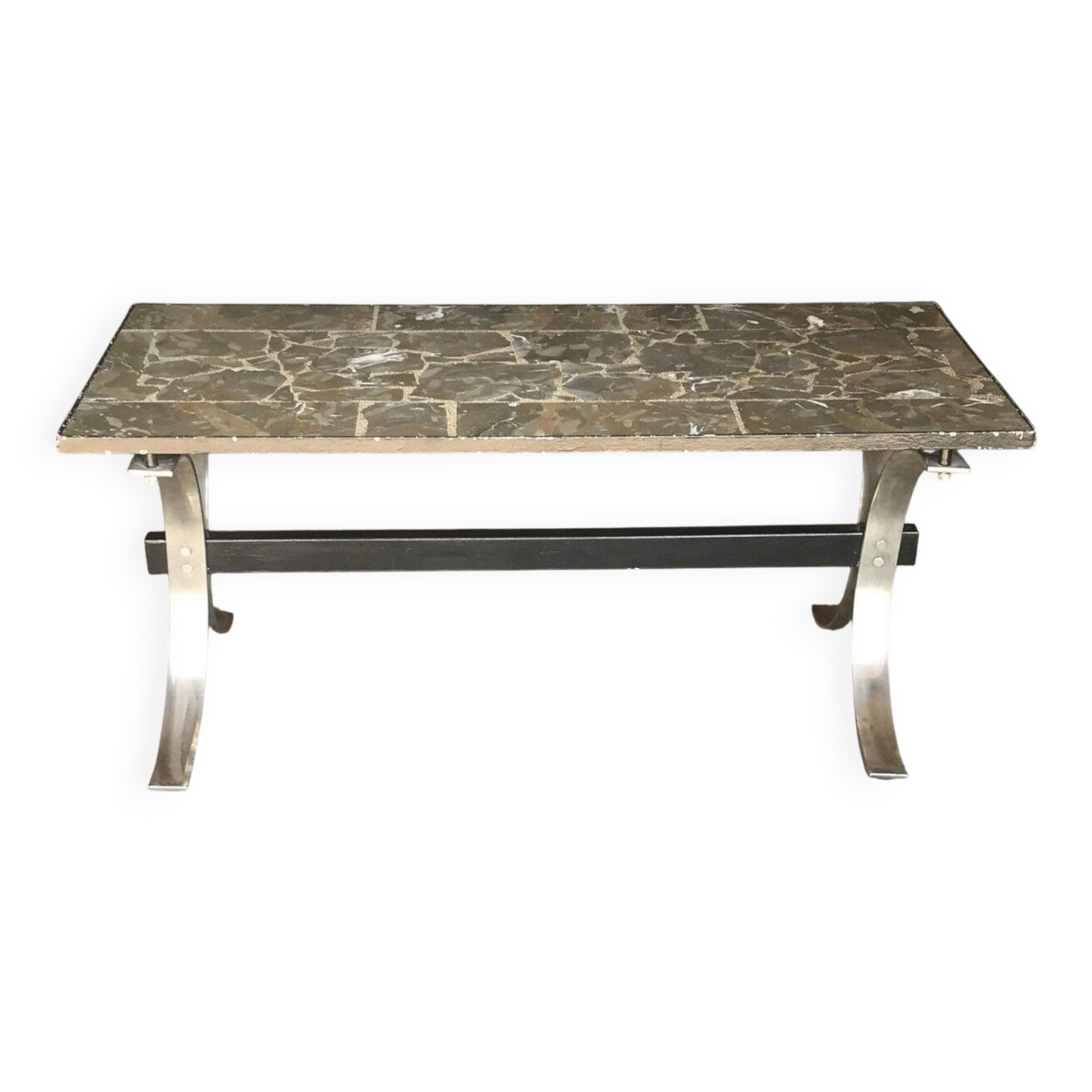Mid-century brown marble coffee table with silver chrome legs from the 1950s.