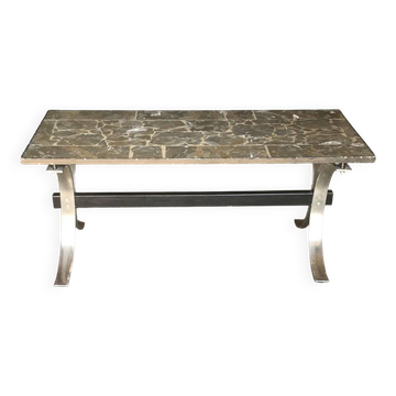 Mid-century brown marble coffee table with silver chrome legs from the 1950s.