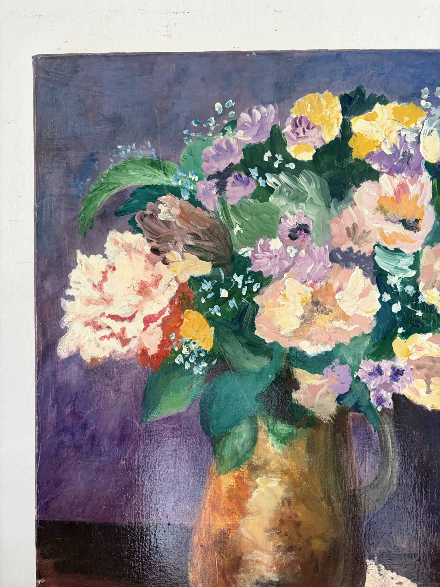 Fleurs champêtres et fruits, nature morte signée 1996