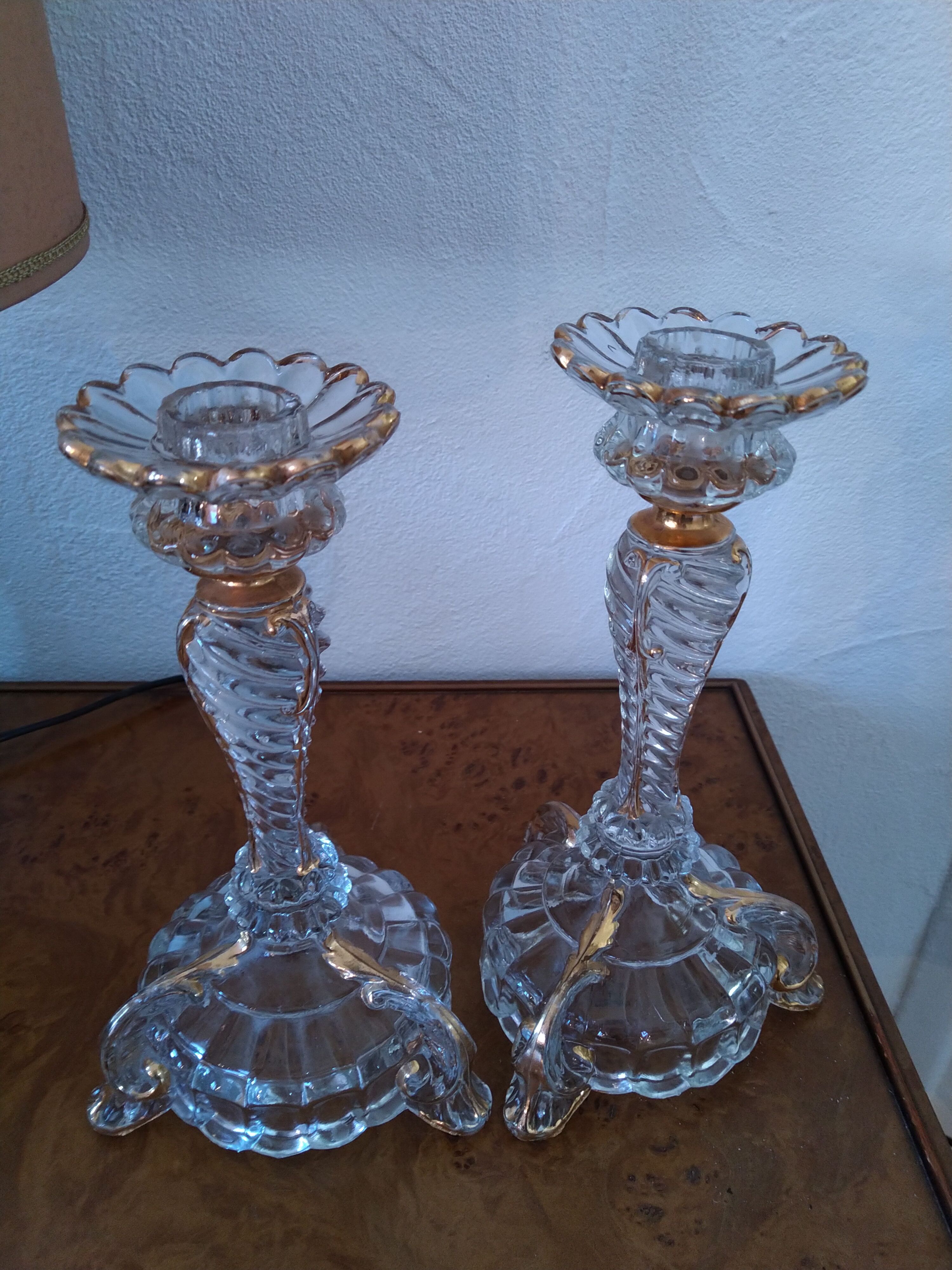 Pair of glass candlesticks and gilding