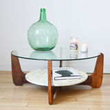 Table basse Hugues Poignant marbre, verre et teck années 60