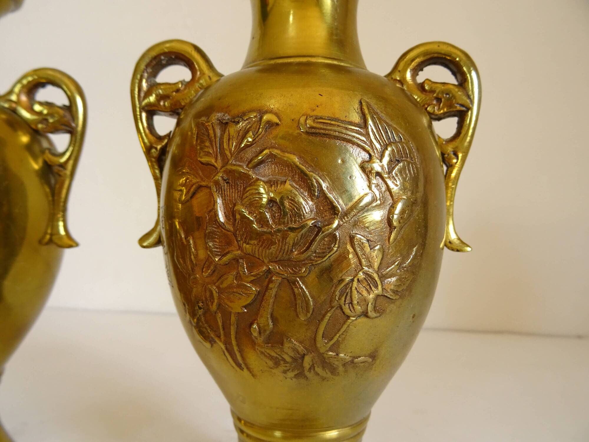 Pair of Gilt Bronze Vases / 19th Japan Meiji / Signed Fine Gold Flowers Birds