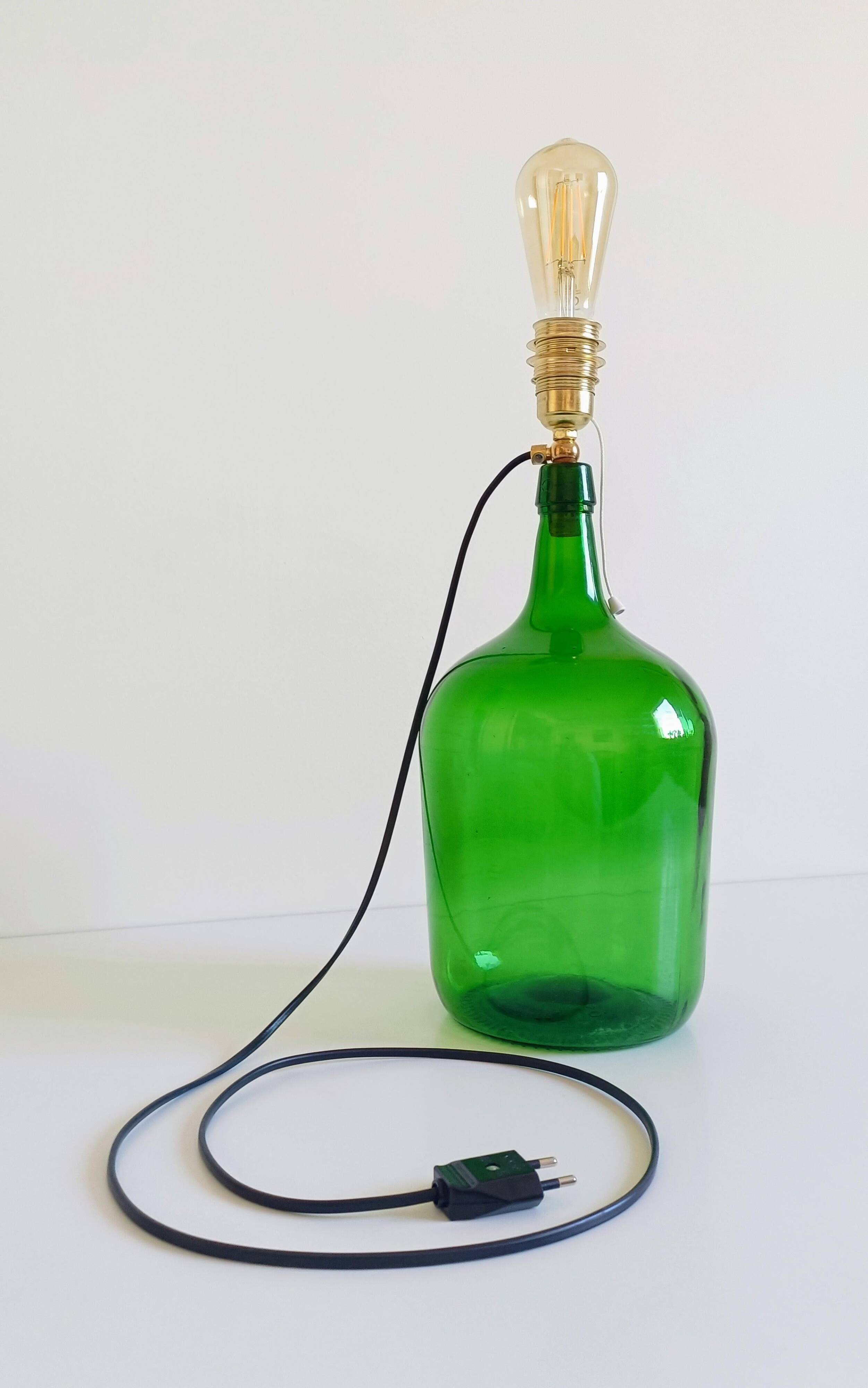 Mid-Century Green Glass Demijohn Table Lamp, Brass Fittings, Contemporary Shade