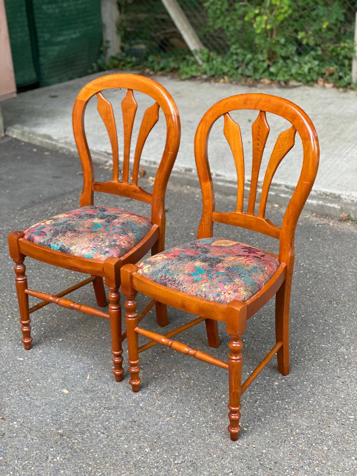 2 chaises bois massif chêne clair tissu fleurs