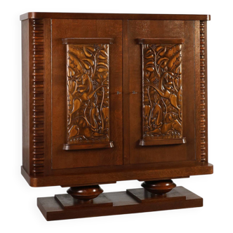 Art Deco Oak Cabinet with Sculptural Carving by Jacques Klein, France 1925