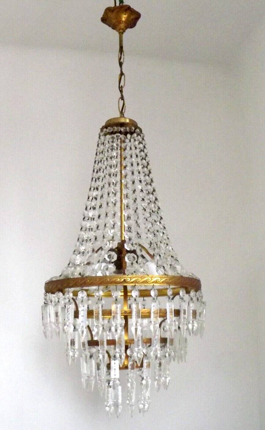 1900s Brass and Crystal Cascade Chandelier