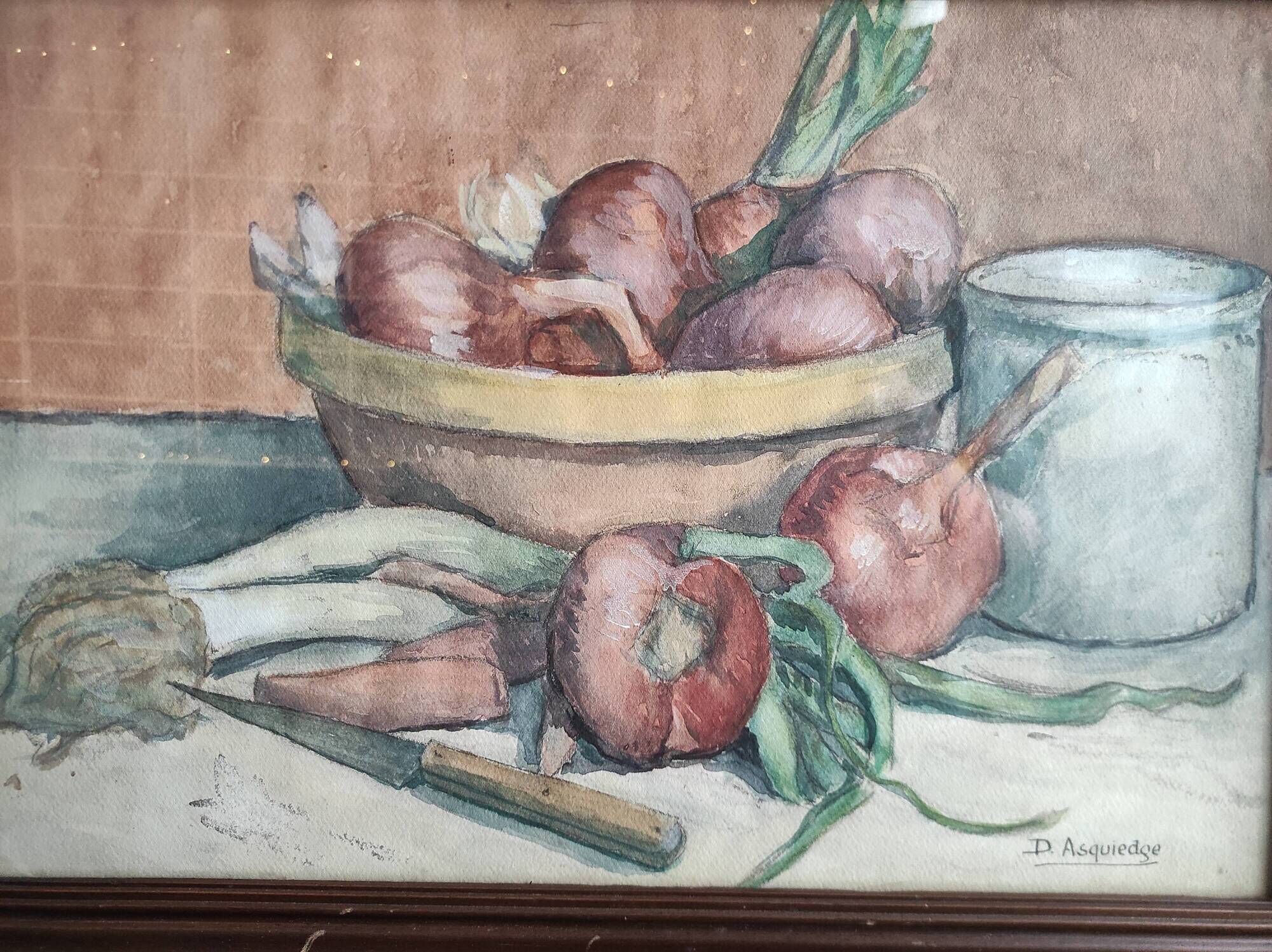Vintage French still life in watercolour, signed Asquiedge