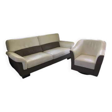 Leather 3-seater sofa and armchair