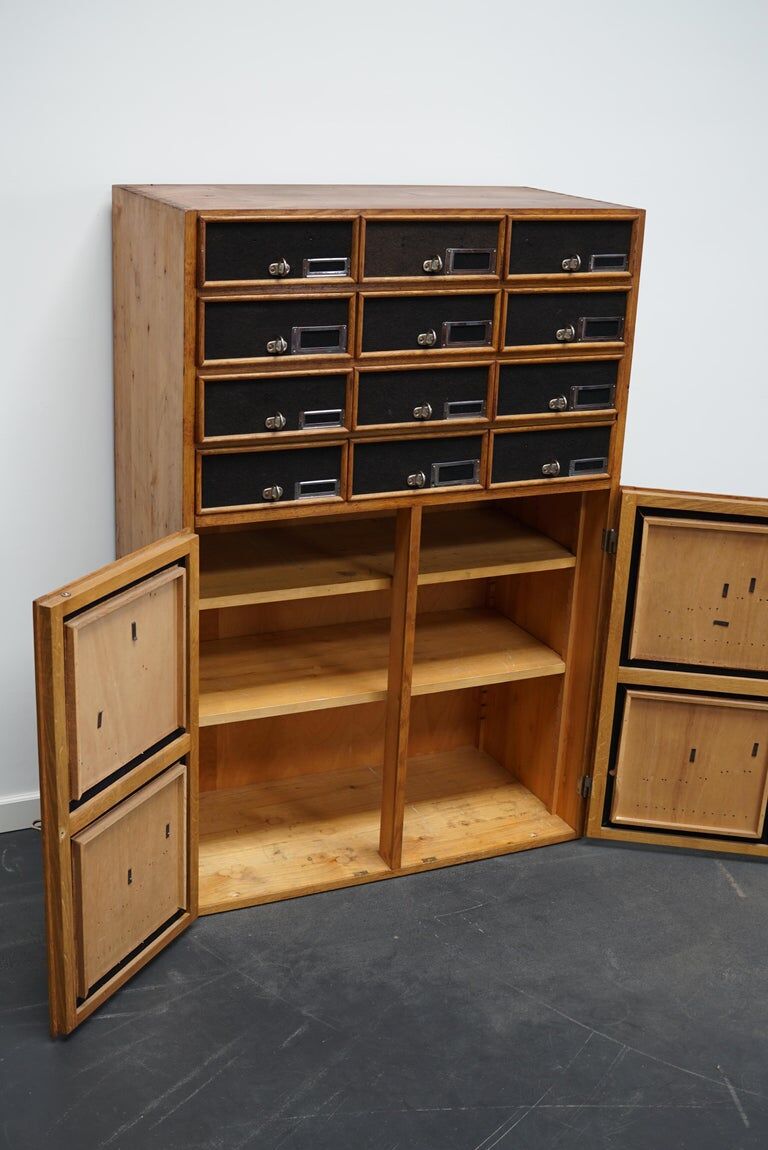 German industrial apothecary cabinet in oak and pine, mid-20th century