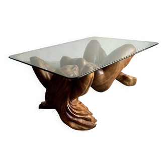 Table basse vintage en bois sculpté à la main représentant un nu féminin