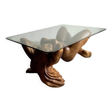Table basse vintage en bois sculpté à la main représentant un nu féminin